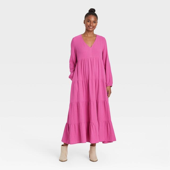Women's Balloon Long Sleeve Tiered Dress - Universal Thread Pink