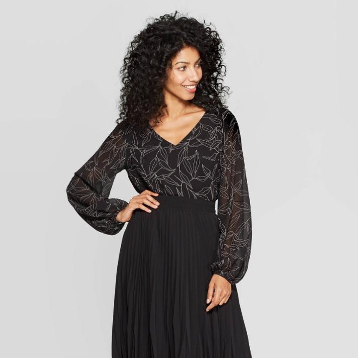 Women's Leaf Print Long Sleeve V-neck Blouse - A New Day Black