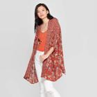 Women's Floral Print Long Sleeve Open-front Kimono Jacket - Knox Rose Red