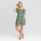Women's Floral Print Short Sleeve Smocked Top Dress - Xhilaration Green
