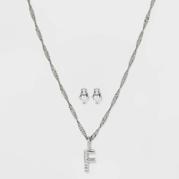 Silver Plated Cubic Zirconia 'f' Initial Earring And Pendant Necklace Set - A New Day
