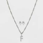 Silver Plated Cubic Zirconia 'f' Initial Earring And Pendant Necklace Set - A New Day