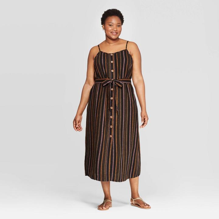 Women's Plus Size Striped Sleeveless Square Neck Midi Button Front Dress - Ava & Viv Black/white