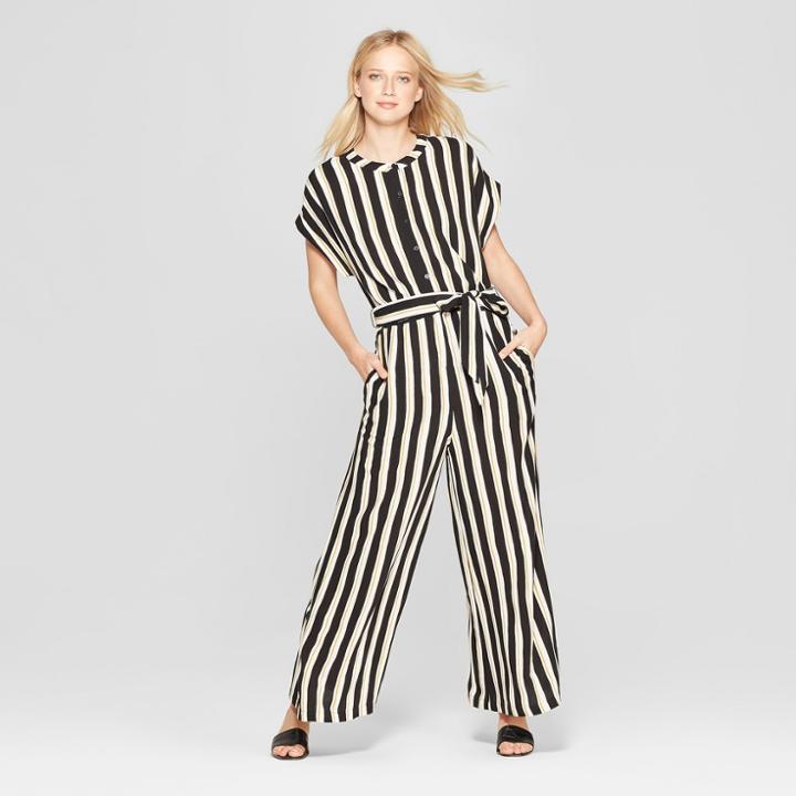 Women's Striped Short Sleeve Belted Wide Leg Jumpsuit - Who What Wear Black/yellow