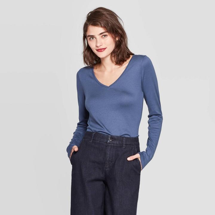 Women's Regular Fit Long Sleeve V-neck T-shirt - A New Day Blue M,