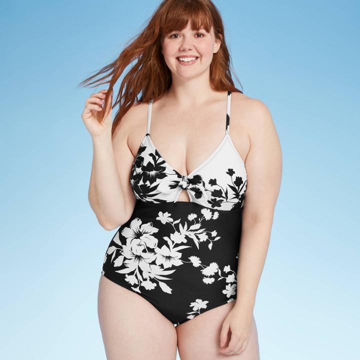 Women's Tie Front Medium Coverage One Piece Swimsuit - Kona Sol Black/white Floral S, Women's, Size: Small,