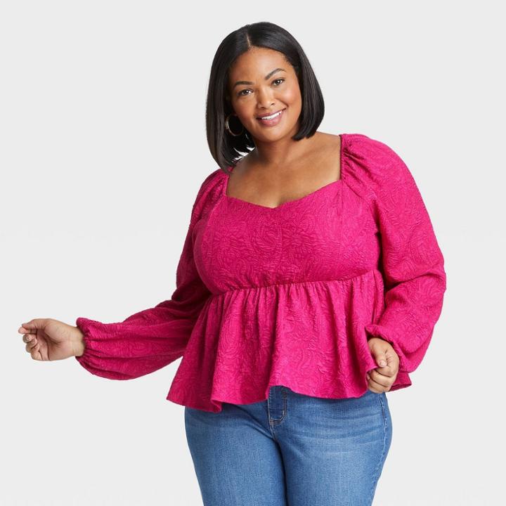 Women's Plus Size Long Sleeve Sweetheart Peplum Top - Ava & Viv Magenta X, Pink