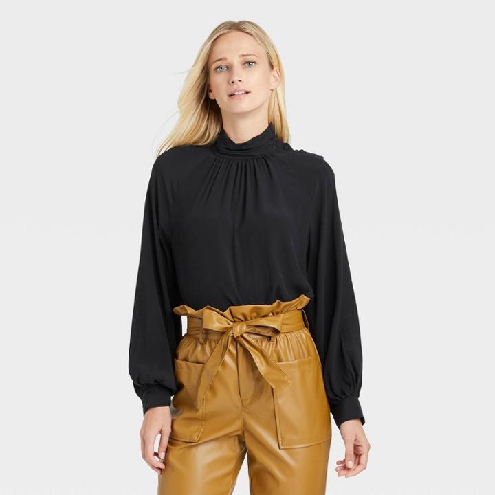 Women's Bishop Long Sleeve Button Shoulder Blouse - Who What Wear Black