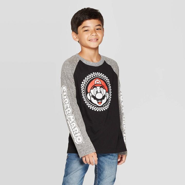 Boys' Super Mario Raglan Long Sleeve T-shirt - Black S, Boy's,