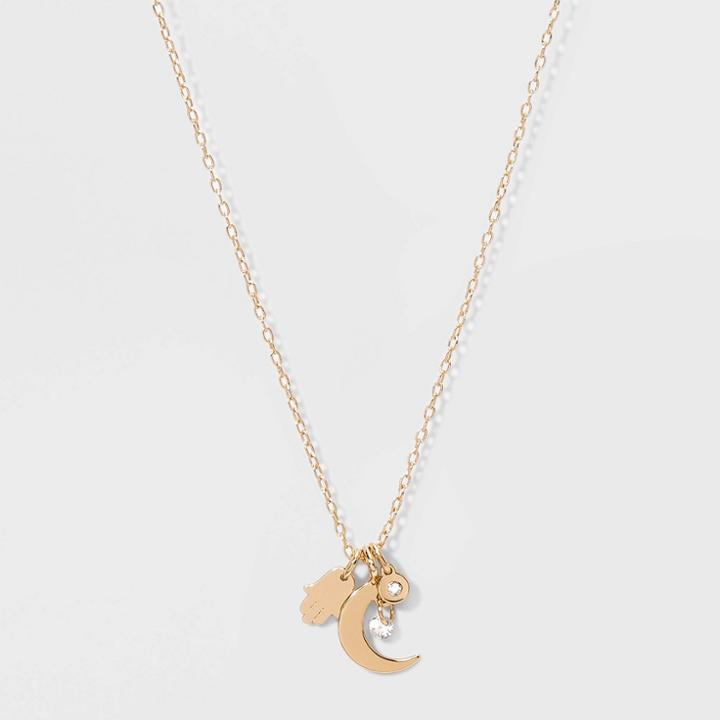 No Brand Petitecubic Zirconia With Hamsa And Moon And Small Disc Short Necklace - Gold, Women's