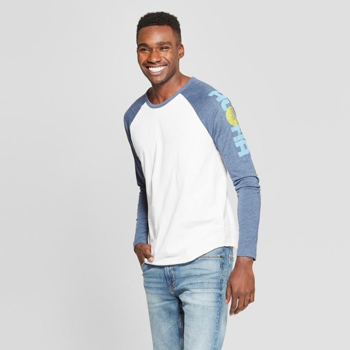 Men's Long Sleeve Aloha Sun Raglan Graphic T-shirt - Awake White/heather Navy Blue