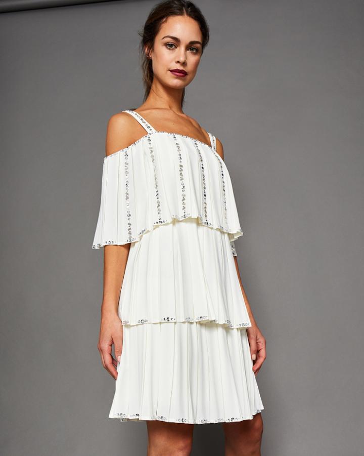 Ted Baker Embellished Pleated Tiered Dress Ivory