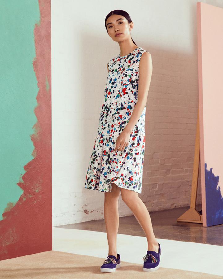 Ted Baker Paint Splash Print Drop Waist Dress Ivory