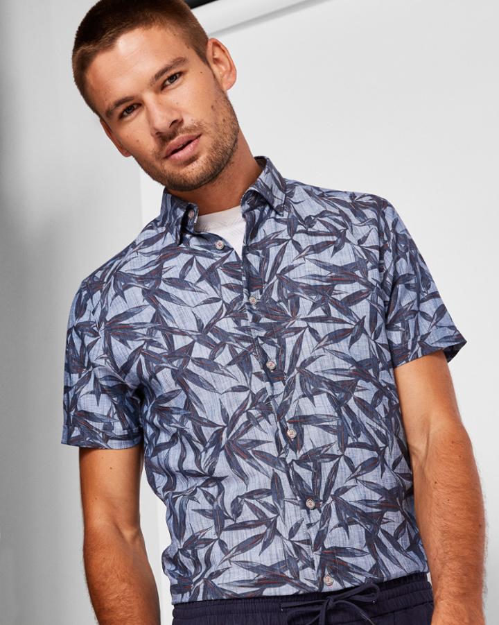 Ted Baker Leaf Print Linen And Cotton-blend Shirt
