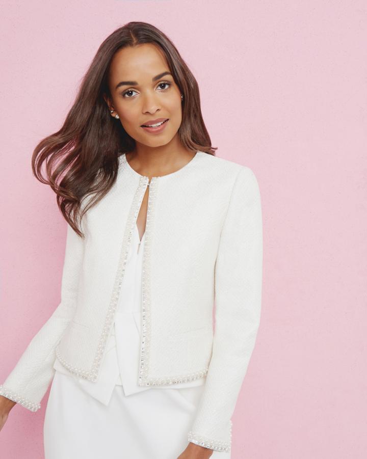 Ted Baker Embellished Cropped Boucle Jacket Ivory