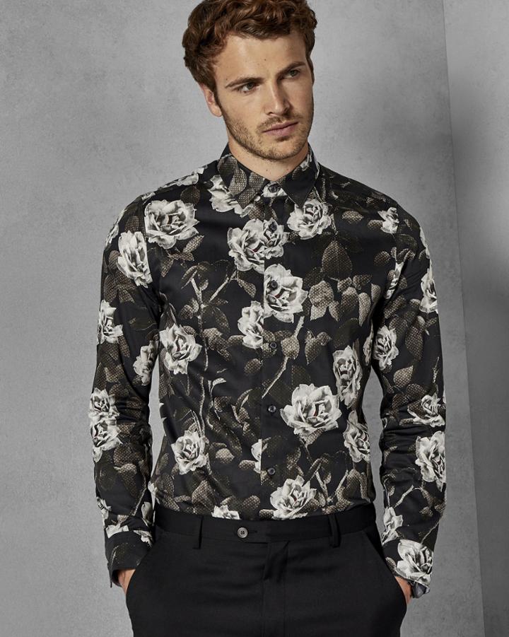 Ted Baker Leaf Print Skinny Fit Cotton Shirt