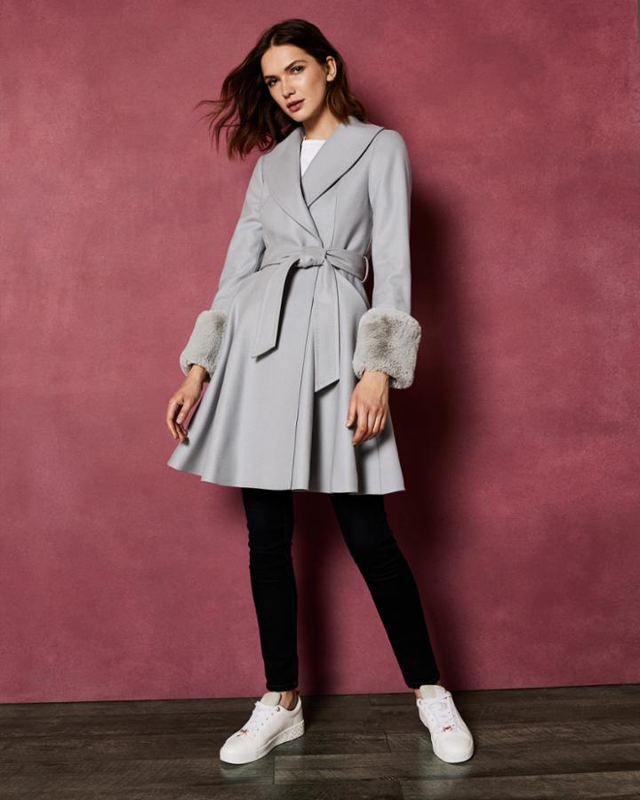 Ted Baker Faux Fur Trim Wool Wrap Coat