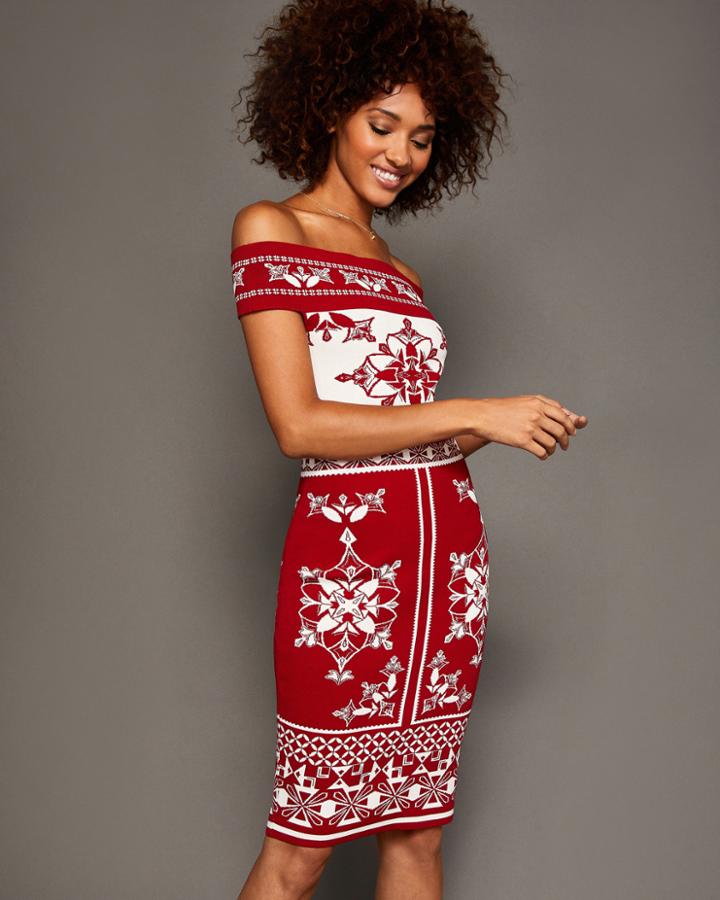 Ted Baker Scarlet Jacquard Bardot Bodycon Dress