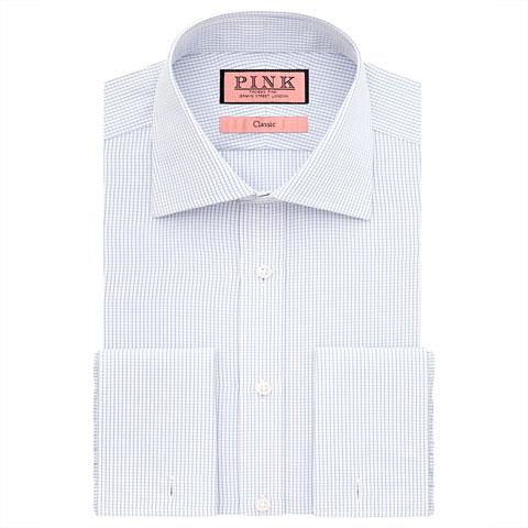 Thomas Pink Vienna Check Classic Fit Double Cuff Shirt Pale Blue/plain Regular
