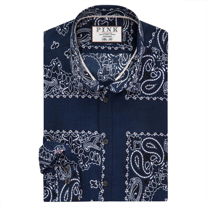 Thomas Pink Deacon Print Slim Fit Button Cuff Shirt Navy/white