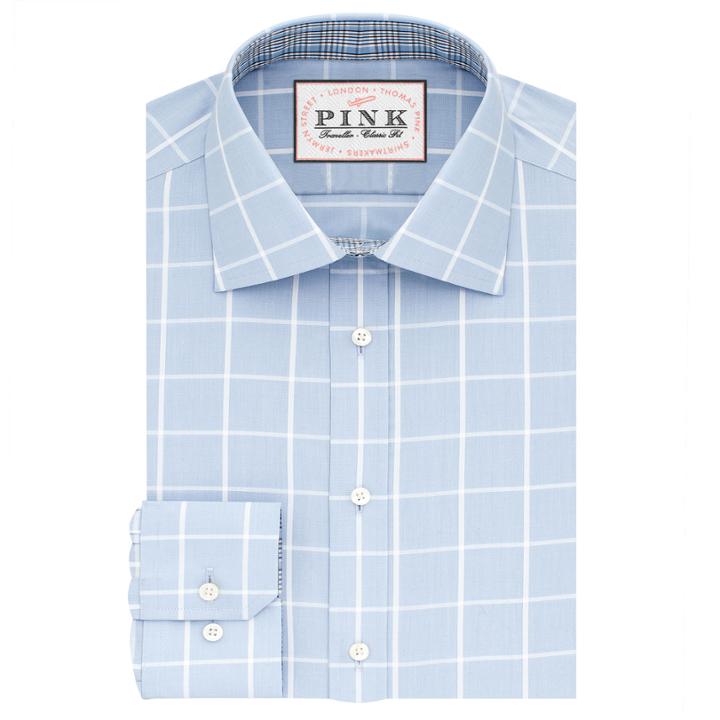 Thomas Pink Halstead Check Slim Fit Button Cuff Shirt Pale Blue/white