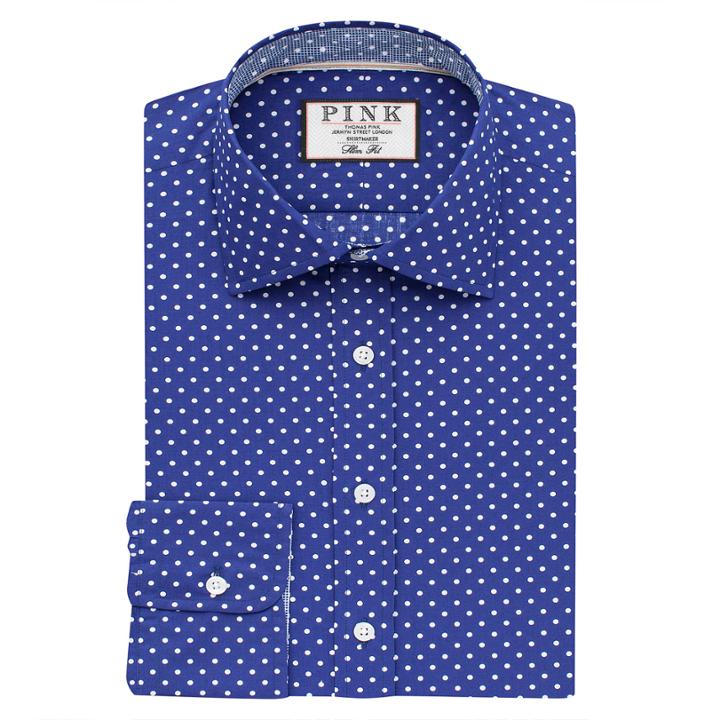 Thomas Pink Clay Print Slim Fit Button Cuff Shirt Navy/white