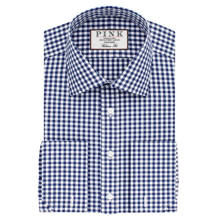 Thomas Pink Summers Check Classic Fit Double Cuff Shirt Navy/white  Long
