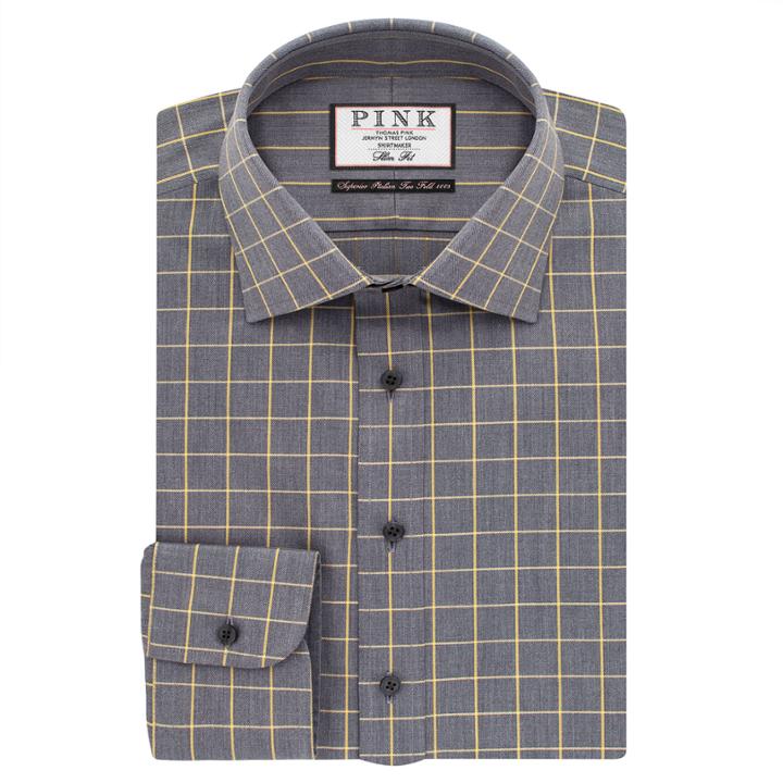 Thomas Pink Edward Check Slim Fit Button Cuff Shirt Grey/yellow