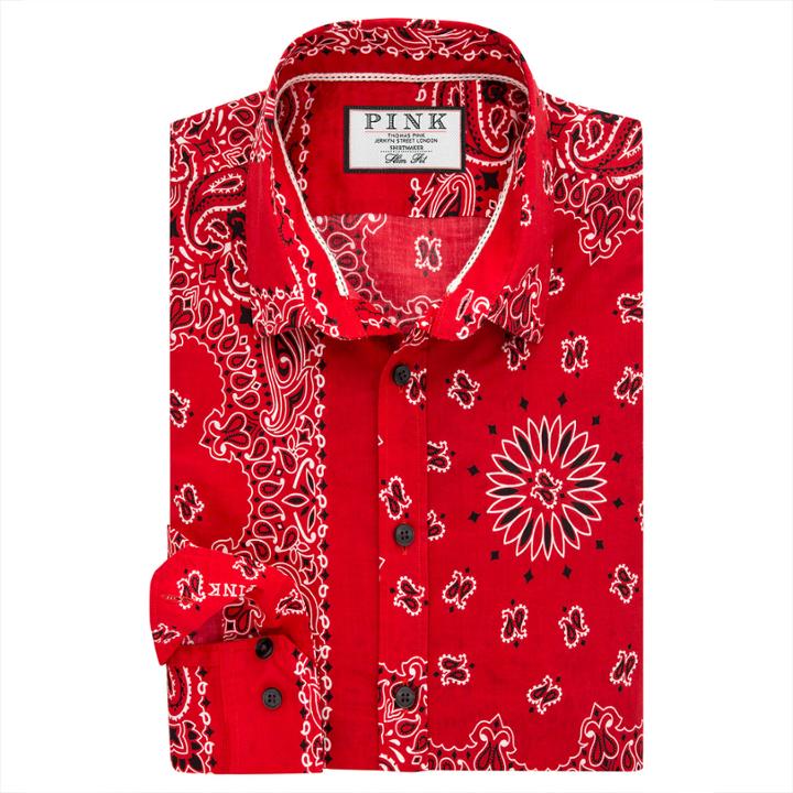 Thomas Pink Deacon Print Slim Fit Button Cuff Shirt Red/white