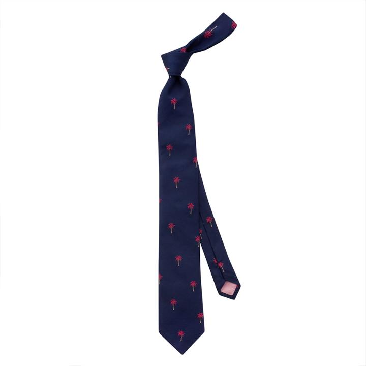Thomas Pink Palm Tree Woven Tie Navy/pink