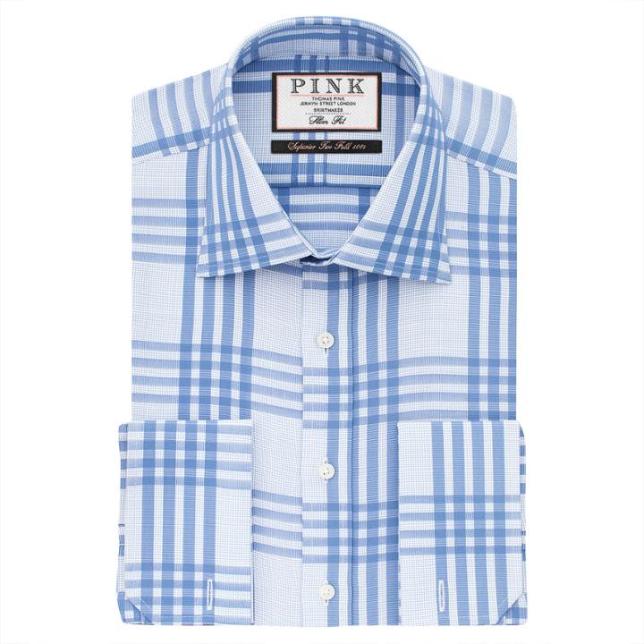 Thomas Pink Mears Check Slim Fit Double Cuff Shirt Blue/white