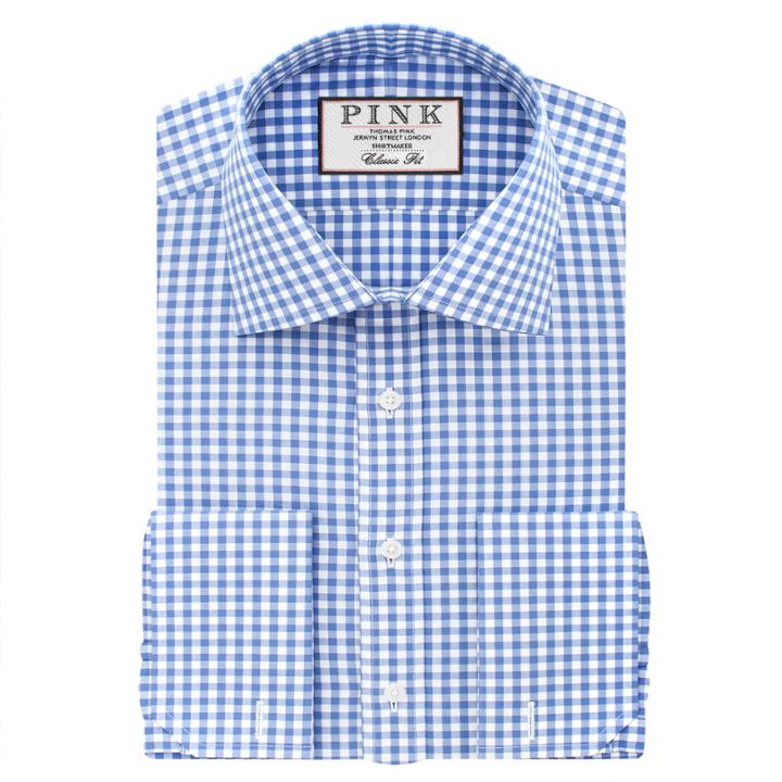 Thomas Pink Summers Check Classic Fit Double Cuff Shirt Pale Blue/white  Regular
