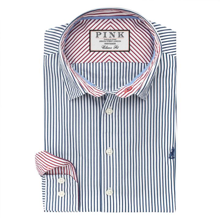 Thomas Pink Keane Stripe Classic Fit Button Cuff Shirt White/navy