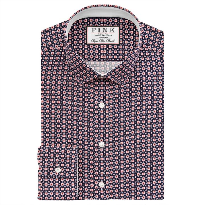 Thomas Pink Sanders Print Super Slim Fit Button Cuff Shirt Navy/red