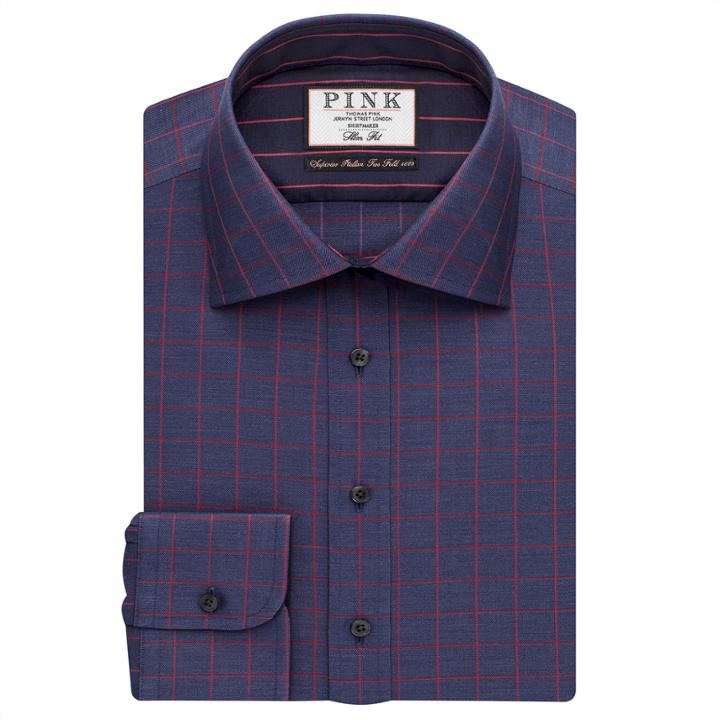 Thomas Pink Edward Check Slim Fit Button Cuff Shirt Navy/red