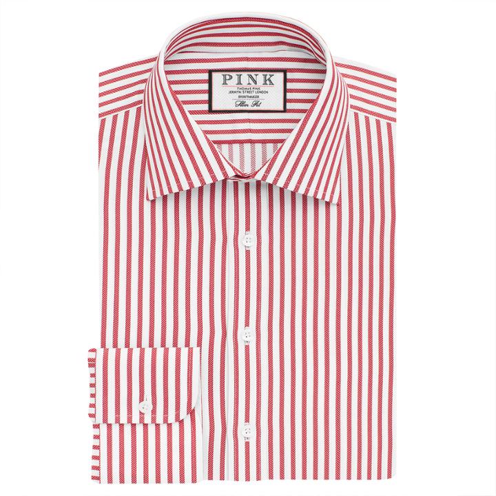 Thomas Pink Bill Stripe Slim Fit Button Cuff Shirt Red/white