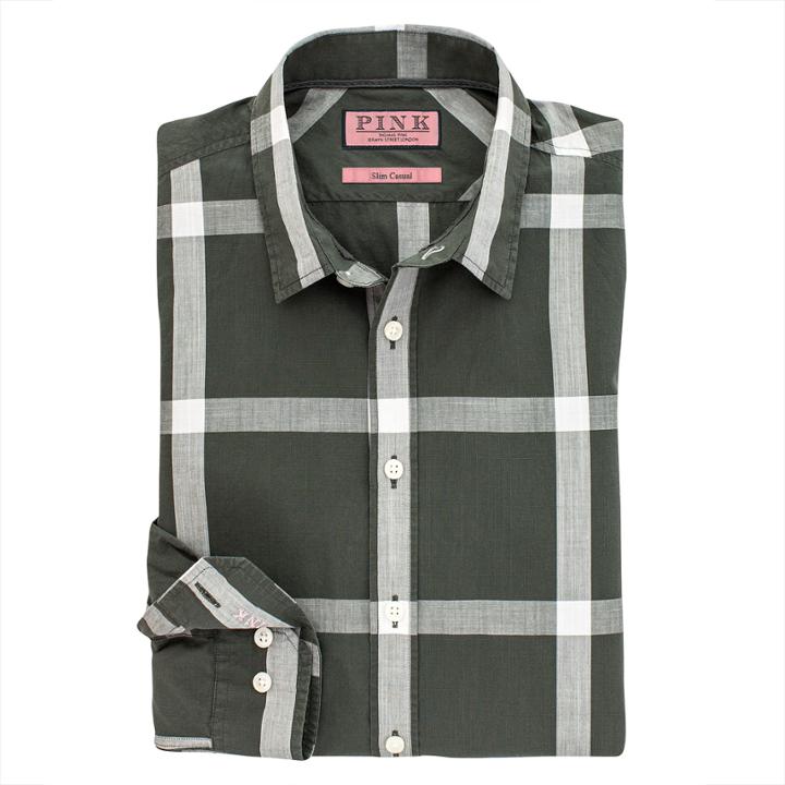 Thomas Pink Ryland Check Slim Fit Button Cuff Shirt Green/white