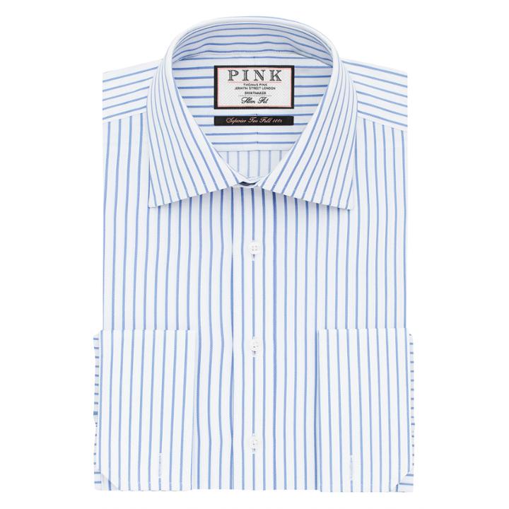 Thomas Pink Gibson Stripe Slim Fit Double Cuff Shirt White/blue