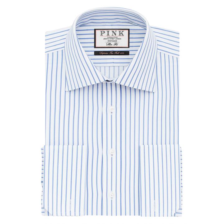 Thomas Pink Gibson Stripe Slim Fit Double Cuff Shirt White/blue