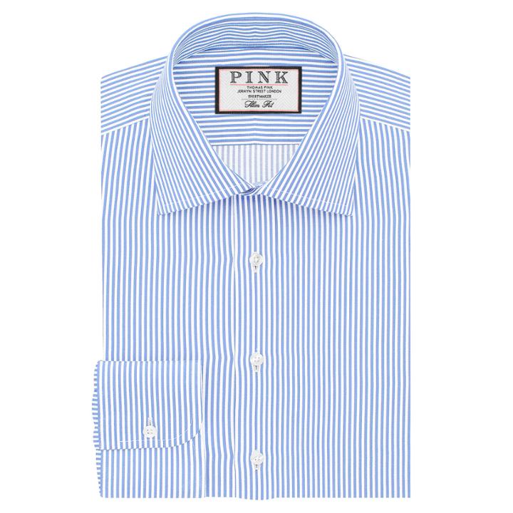 Thomas Pink Grant Stripe Slim Fit Button Cuff Shirt Pale Blue/white  Long
