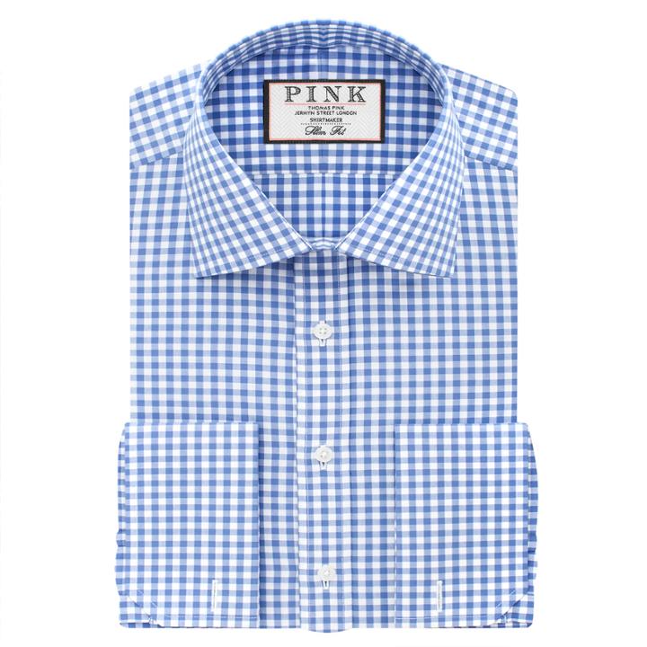 Thomas Pink Summers Check Slim Fit Double Cuff Shirt Pale Blue/white Long