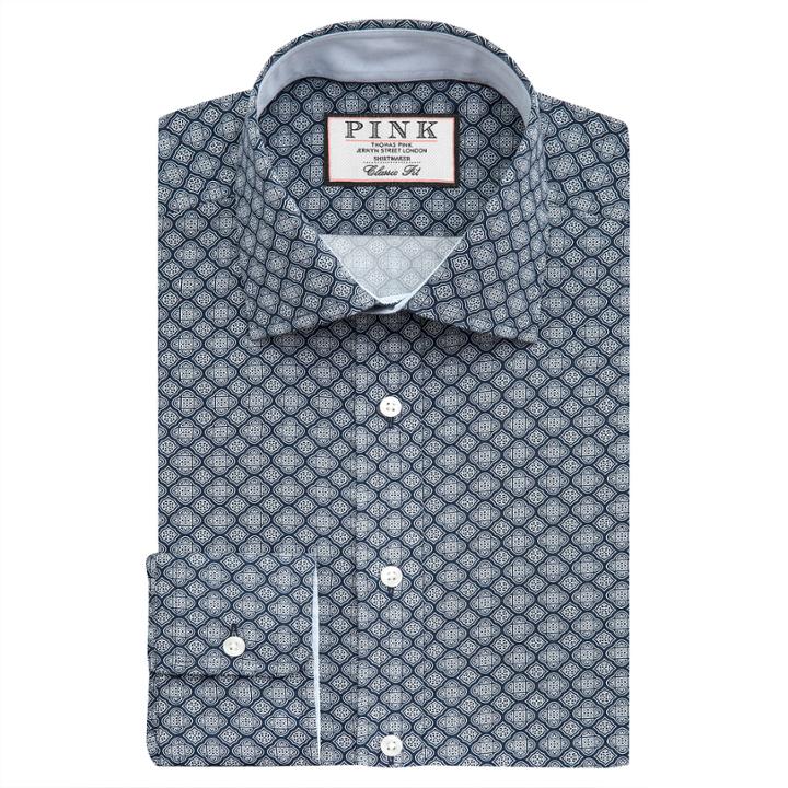 Thomas Pink Nicholson Print Classic Fit Button Cuff Shirt Navy/white Regular