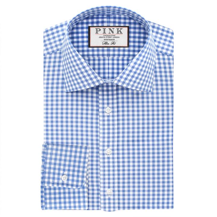 Thomas Pink Summers Check Slim Fit Button Cuff Shirt Pale Blue/white  Regular