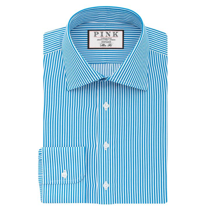 Thomas Pink Grant Stripe Slim Fit Button Cuff Shirt Turquoise/white  Long