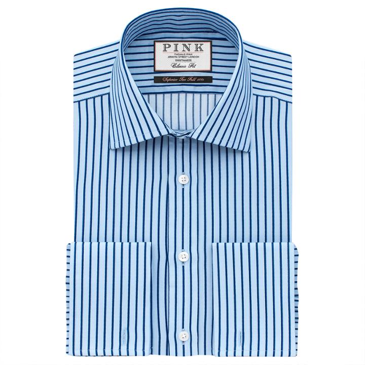 Thomas Pink Gibson Stripe Classic Fit Double Cuff Shirt Pale Blue/blue  Long