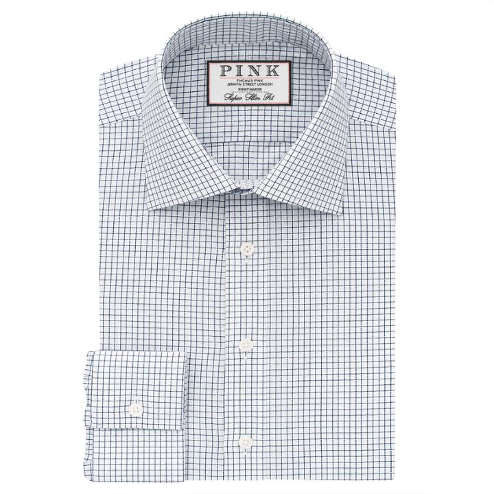 Thomas Pink Flynn Check Super Slim Fit Button Cuff Shirt White/navy