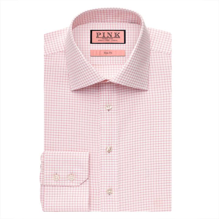 Thomas Pink Anderton Check Slim Fit Button Cuff Shirt White/pink