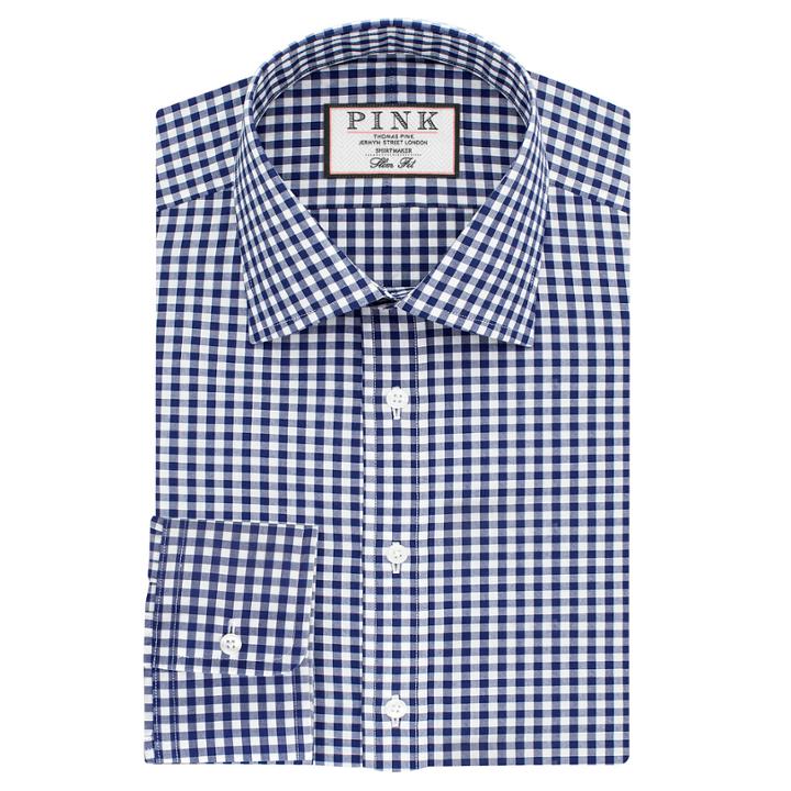 Thomas Pink Summers Check Slim Fit Button Cuff Shirt Navy/white  Long