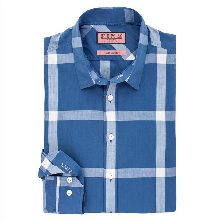 Thomas Pink Ryland Check Slim Fit Button Cuff Shirt Blue/white