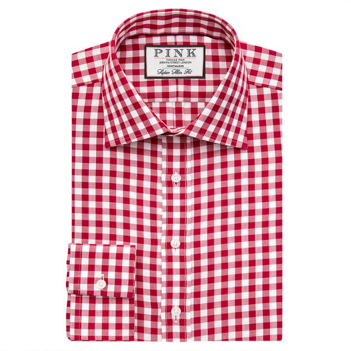 Thomas Pink Alder Check Super Slim Fit Button Cuff Shirt Red/white